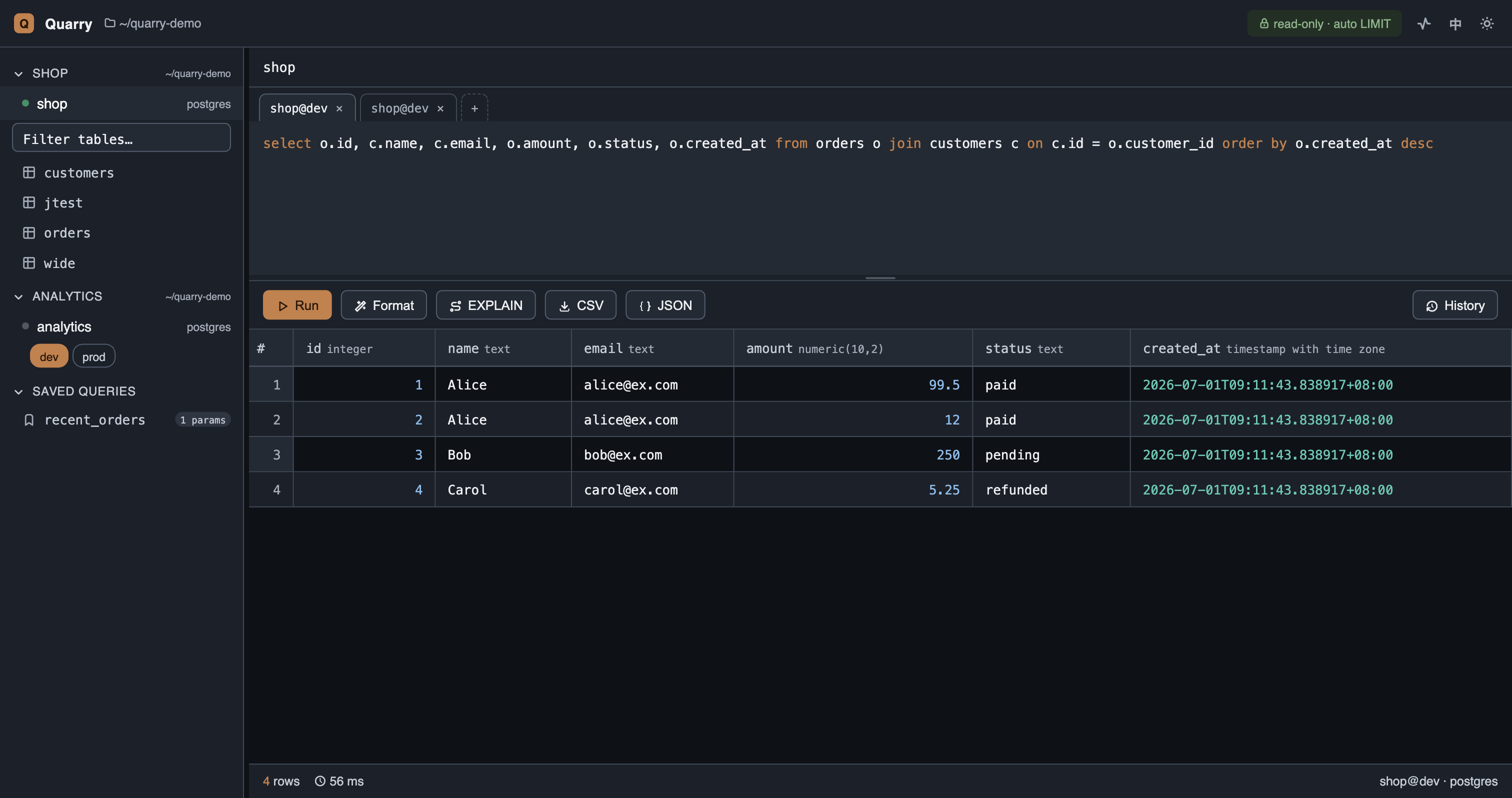 Quarry GUI — data grid with env switcher and multi-tab editor